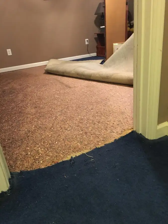 Carpet pad removal revealing water damage during Water Mitigation Services in Cranston